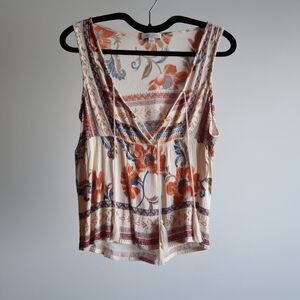 Patrons of Peace Boho Floral Tie Front Tassel Peplum Tank Top Blouse Women's